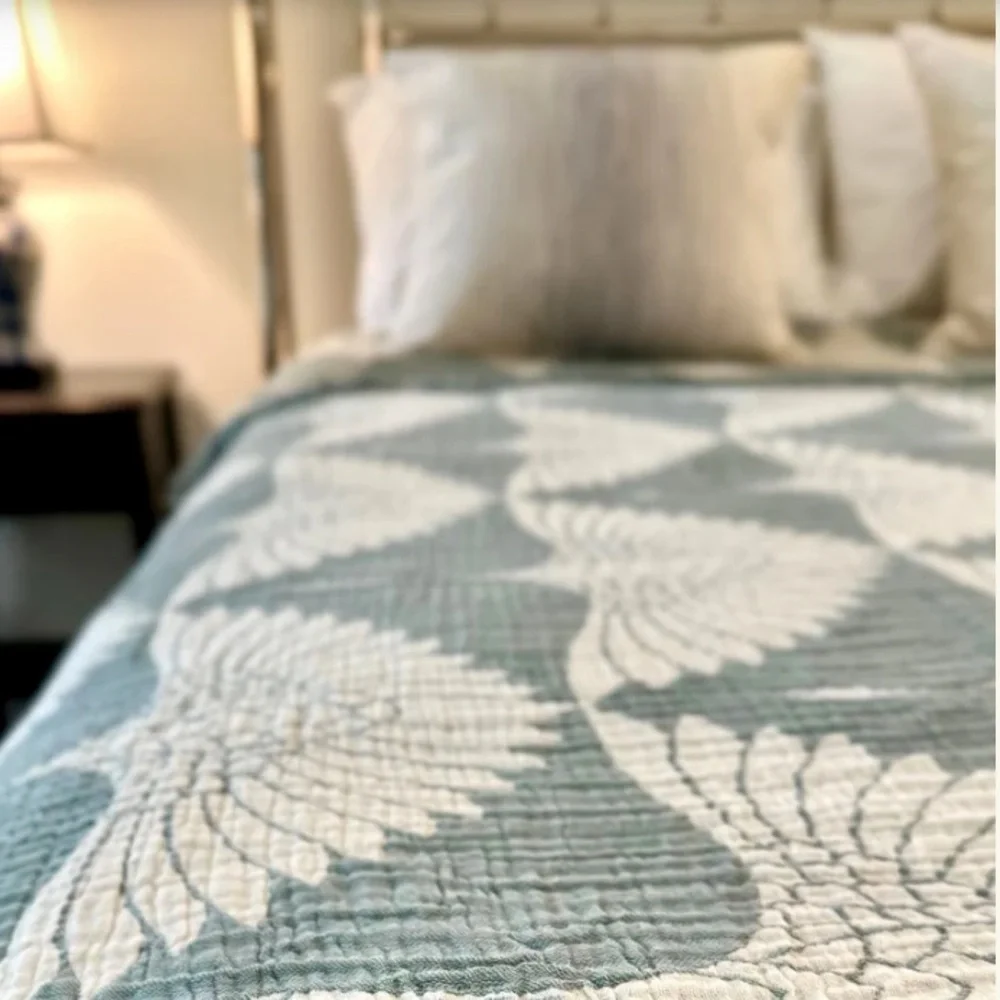 KING Luxury Bedspread Organic Muslin Quilted Crinkle  2 Side FLiPSiDE Teal Crane - Picture 10 of 15